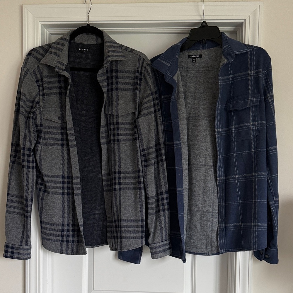 Express Men’s Plaid Shirt Jackets - Gray & Navy - Bundle of 2 - M Tall